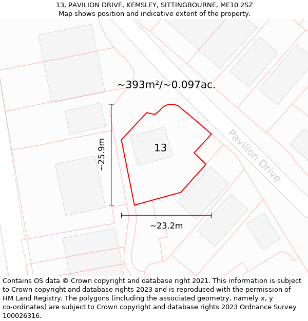 13, PAVILION DRIVE, KEMSLEY, SITTINGBOURNE, ME10 2SZ: Plot and title map