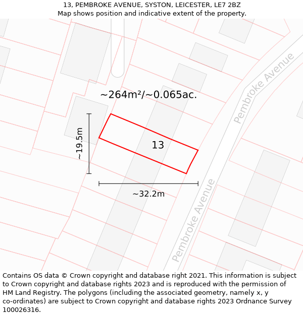 13, PEMBROKE AVENUE, SYSTON, LEICESTER, LE7 2BZ: Plot and title map