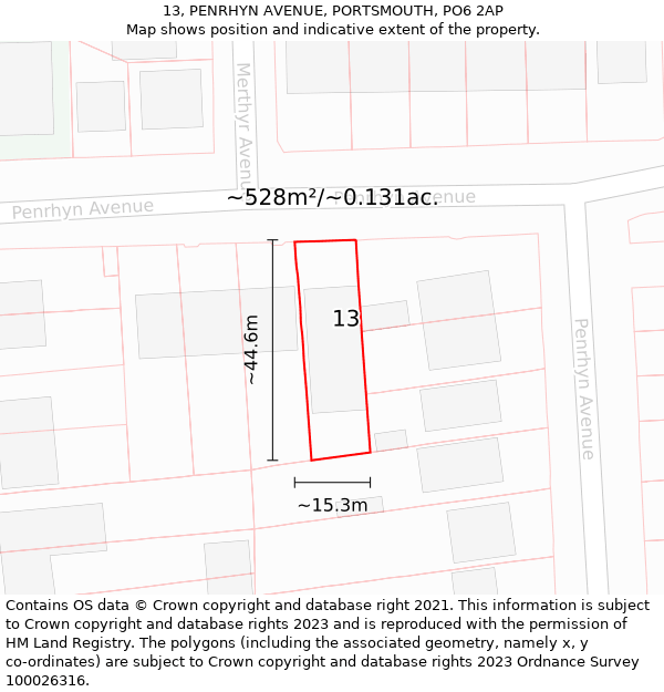 13, PENRHYN AVENUE, PORTSMOUTH, PO6 2AP: Plot and title map