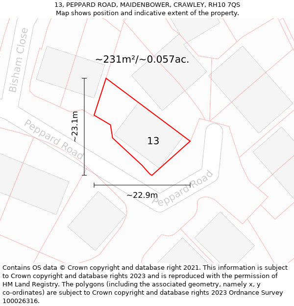 13, PEPPARD ROAD, MAIDENBOWER, CRAWLEY, RH10 7QS: Plot and title map