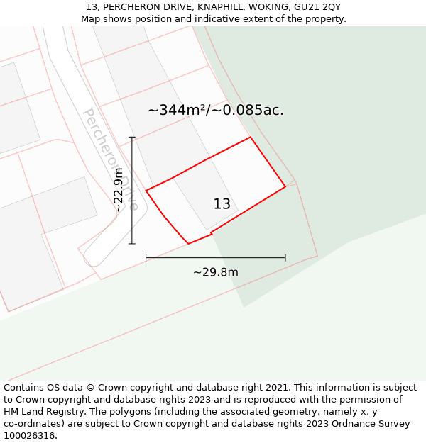 13, PERCHERON DRIVE, KNAPHILL, WOKING, GU21 2QY: Plot and title map