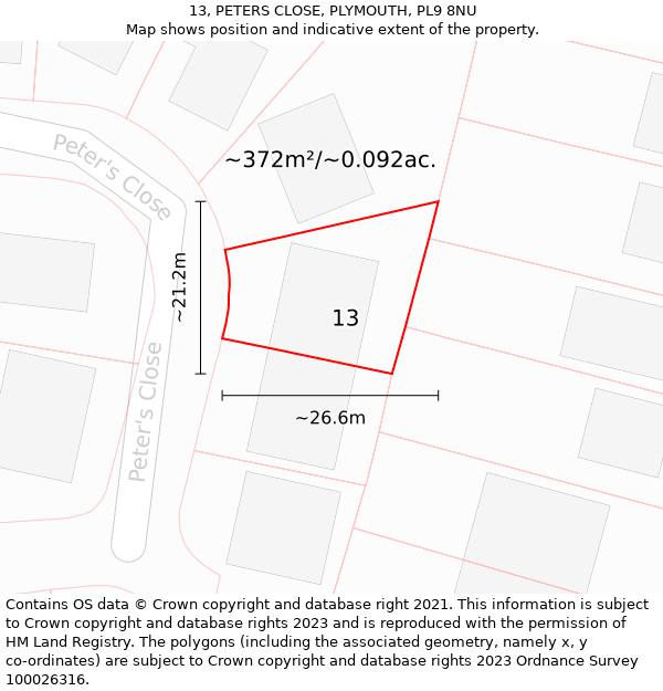 13, PETERS CLOSE, PLYMOUTH, PL9 8NU: Plot and title map