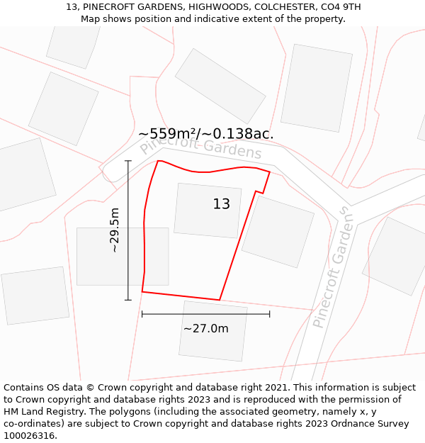 13, PINECROFT GARDENS, HIGHWOODS, COLCHESTER, CO4 9TH: Plot and title map