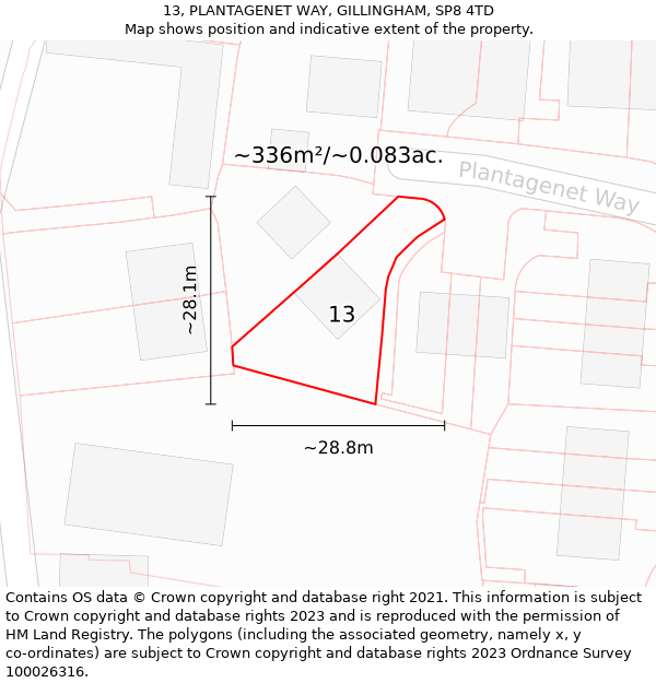 13, PLANTAGENET WAY, GILLINGHAM, SP8 4TD: Plot and title map