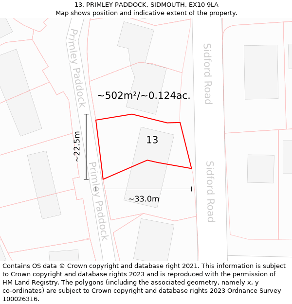 13, PRIMLEY PADDOCK, SIDMOUTH, EX10 9LA: Plot and title map