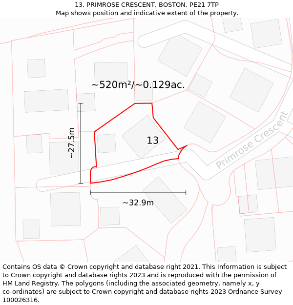 13, PRIMROSE CRESCENT, BOSTON, PE21 7TP: Plot and title map