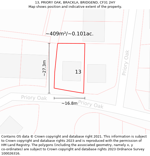 13, PRIORY OAK, BRACKLA, BRIDGEND, CF31 2HY: Plot and title map