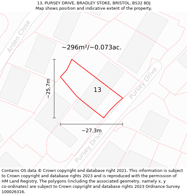 13, PURSEY DRIVE, BRADLEY STOKE, BRISTOL, BS32 8DJ: Plot and title map