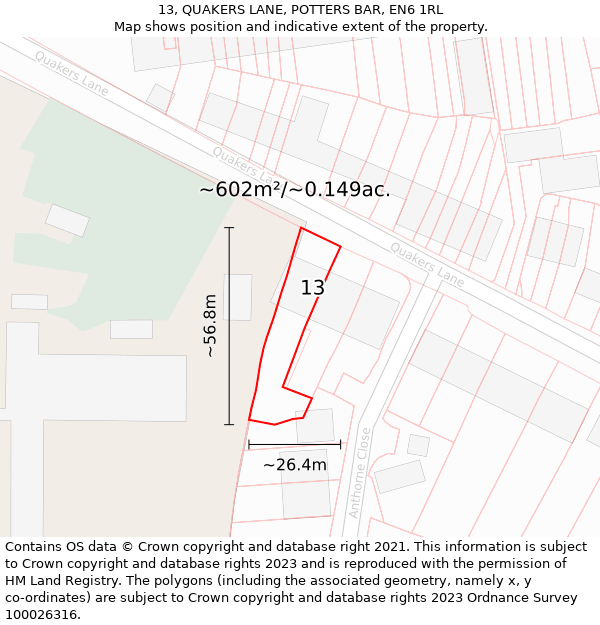 13, QUAKERS LANE, POTTERS BAR, EN6 1RL: Plot and title map