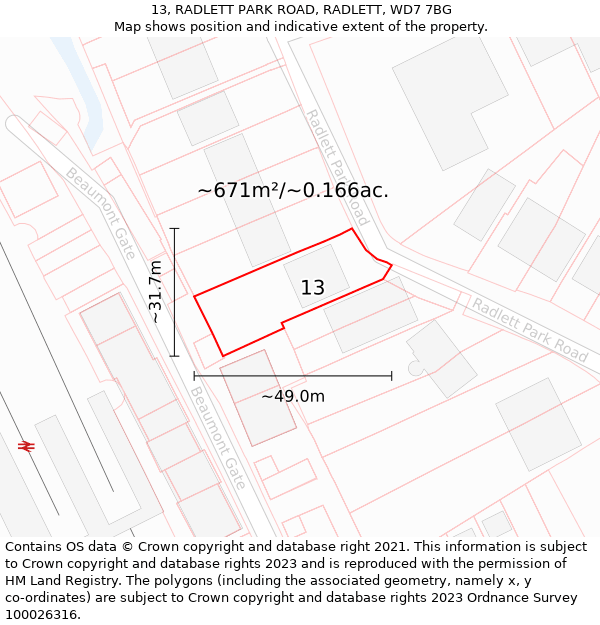 13, RADLETT PARK ROAD, RADLETT, WD7 7BG: Plot and title map