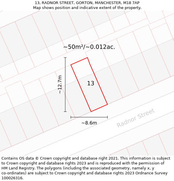 13, RADNOR STREET, GORTON, MANCHESTER, M18 7AP: Plot and title map