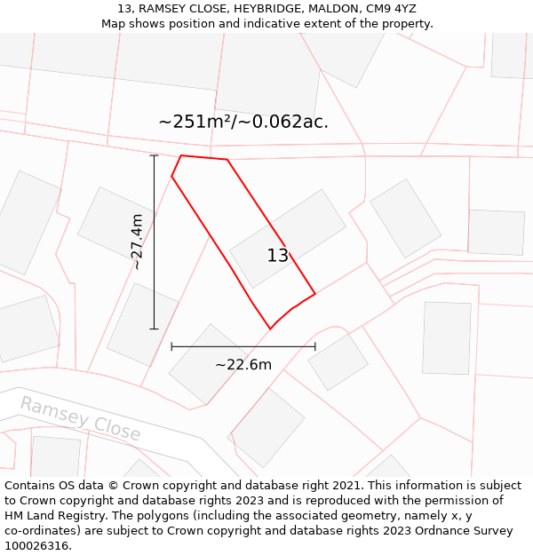 13, RAMSEY CLOSE, HEYBRIDGE, MALDON, CM9 4YZ: Plot and title map