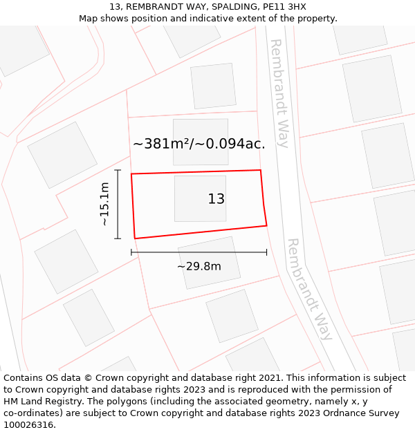 13, REMBRANDT WAY, SPALDING, PE11 3HX: Plot and title map