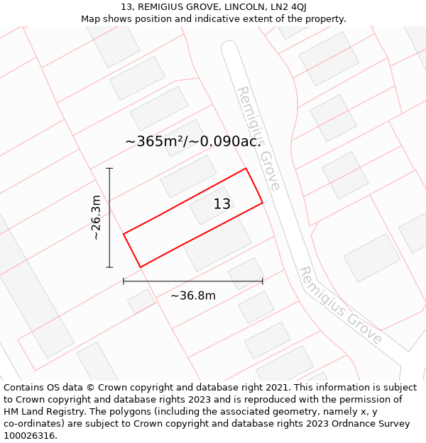13, REMIGIUS GROVE, LINCOLN, LN2 4QJ: Plot and title map