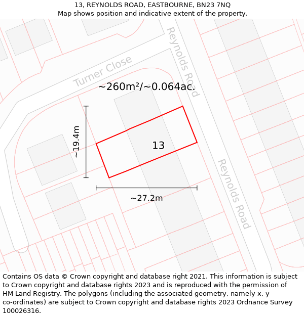13, REYNOLDS ROAD, EASTBOURNE, BN23 7NQ: Plot and title map