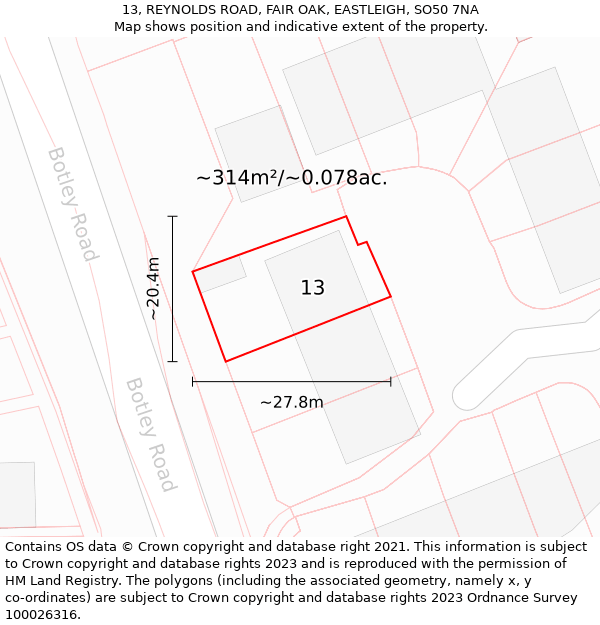 13, REYNOLDS ROAD, FAIR OAK, EASTLEIGH, SO50 7NA: Plot and title map