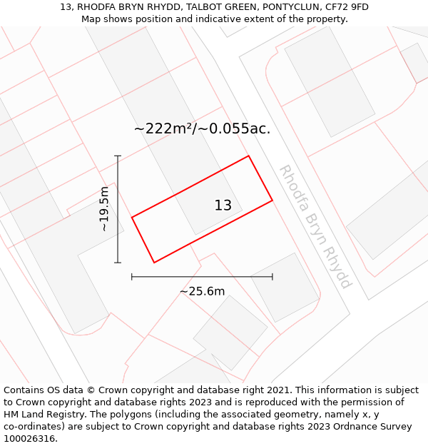 13, RHODFA BRYN RHYDD, TALBOT GREEN, PONTYCLUN, CF72 9FD: Plot and title map