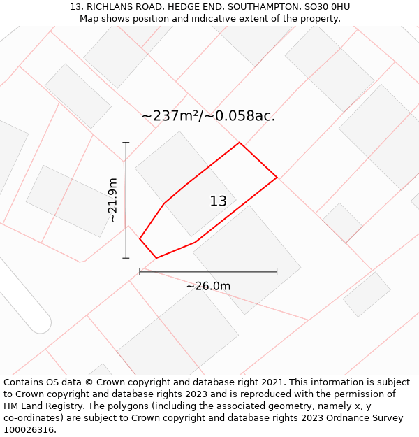 13, RICHLANS ROAD, HEDGE END, SOUTHAMPTON, SO30 0HU: Plot and title map