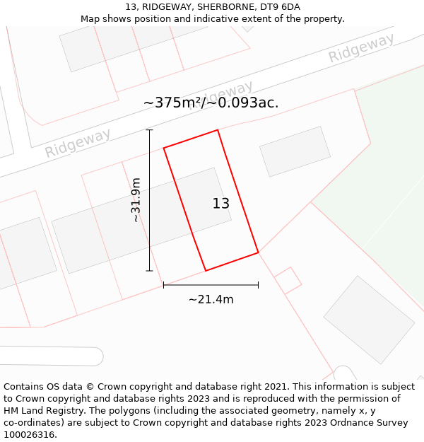 13, RIDGEWAY, SHERBORNE, DT9 6DA: Plot and title map