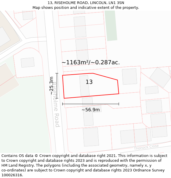 13, RISEHOLME ROAD, LINCOLN, LN1 3SN: Plot and title map