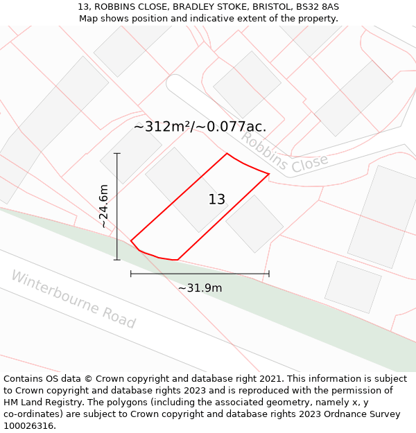 13, ROBBINS CLOSE, BRADLEY STOKE, BRISTOL, BS32 8AS: Plot and title map