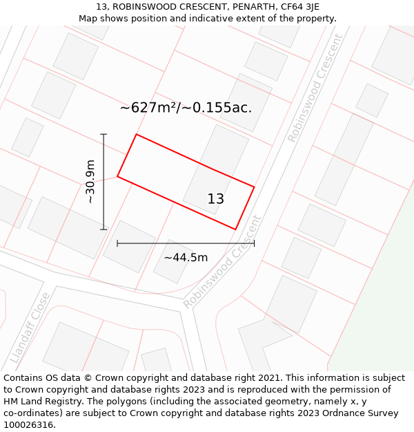 13, ROBINSWOOD CRESCENT, PENARTH, CF64 3JE: Plot and title map