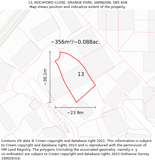 13, ROCHFORD CLOSE, GRANGE PARK, SWINDON, SN5 6AB: Plot and title map