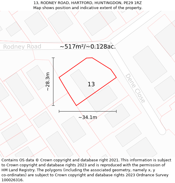 13, RODNEY ROAD, HARTFORD, HUNTINGDON, PE29 1RZ: Plot and title map