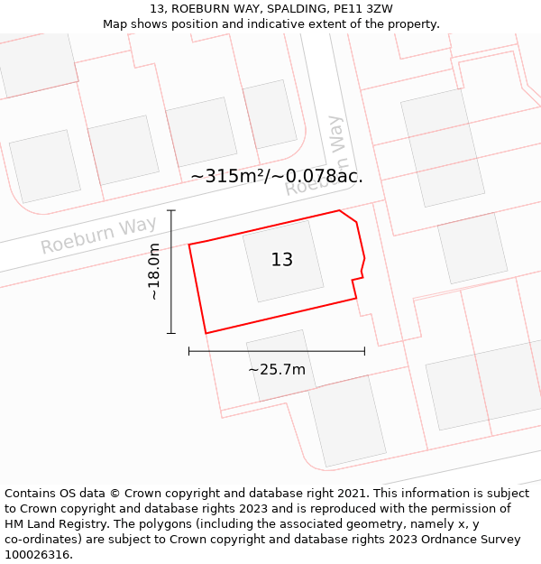 13, ROEBURN WAY, SPALDING, PE11 3ZW: Plot and title map