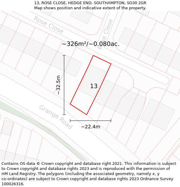 13, ROSE CLOSE, HEDGE END, SOUTHAMPTON, SO30 2GR: Plot and title map
