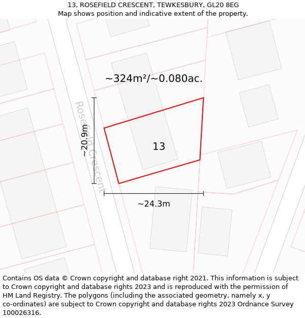 13, ROSEFIELD CRESCENT, TEWKESBURY, GL20 8EG: Plot and title map