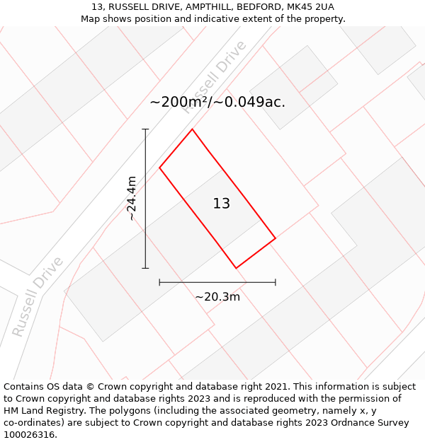 13, RUSSELL DRIVE, AMPTHILL, BEDFORD, MK45 2UA: Plot and title map