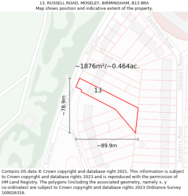 13, RUSSELL ROAD, MOSELEY, BIRMINGHAM, B13 8RA: Plot and title map