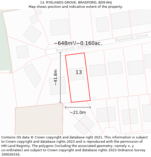 13, RYELANDS GROVE, BRADFORD, BD9 6HJ: Plot and title map