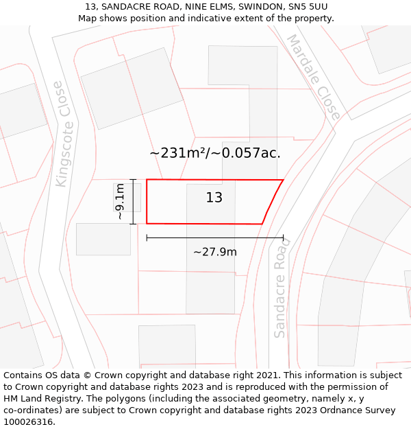 13, SANDACRE ROAD, NINE ELMS, SWINDON, SN5 5UU: Plot and title map