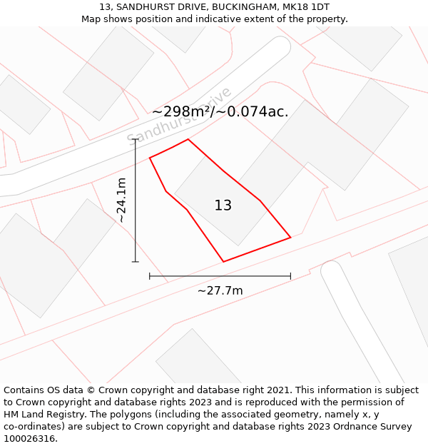 13, SANDHURST DRIVE, BUCKINGHAM, MK18 1DT: Plot and title map