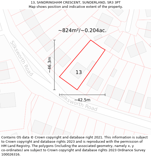 13, SANDRINGHAM CRESCENT, SUNDERLAND, SR3 3PT: Plot and title map