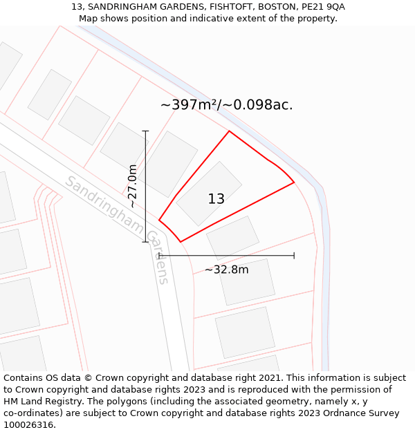 13, SANDRINGHAM GARDENS, FISHTOFT, BOSTON, PE21 9QA: Plot and title map