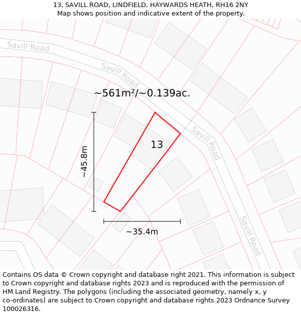 13, SAVILL ROAD, LINDFIELD, HAYWARDS HEATH, RH16 2NY: Plot and title map