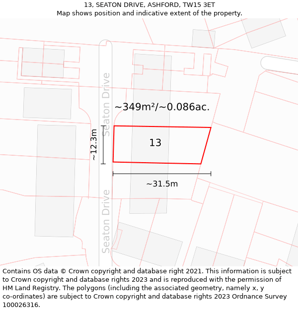 13, SEATON DRIVE, ASHFORD, TW15 3ET: Plot and title map