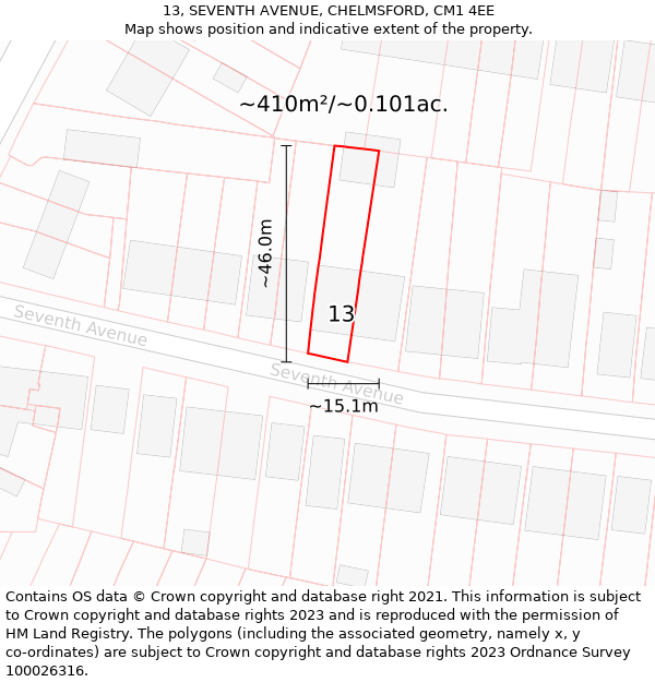 13, SEVENTH AVENUE, CHELMSFORD, CM1 4EE: Plot and title map