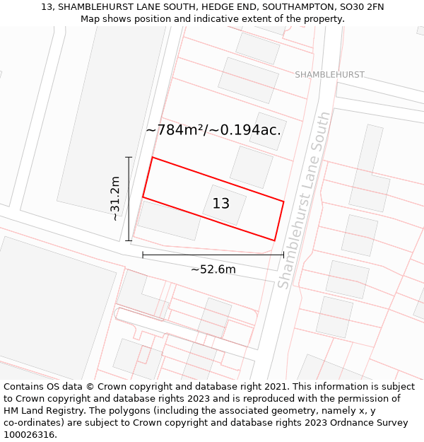 13, SHAMBLEHURST LANE SOUTH, HEDGE END, SOUTHAMPTON, SO30 2FN: Plot and title map