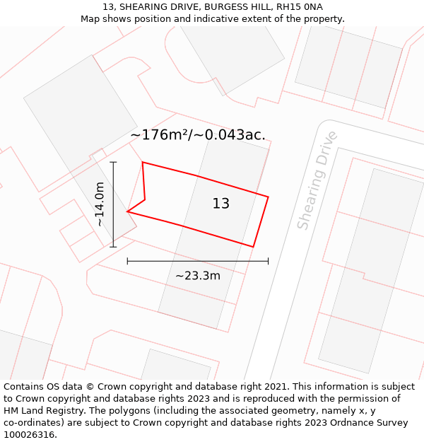 13, SHEARING DRIVE, BURGESS HILL, RH15 0NA: Plot and title map