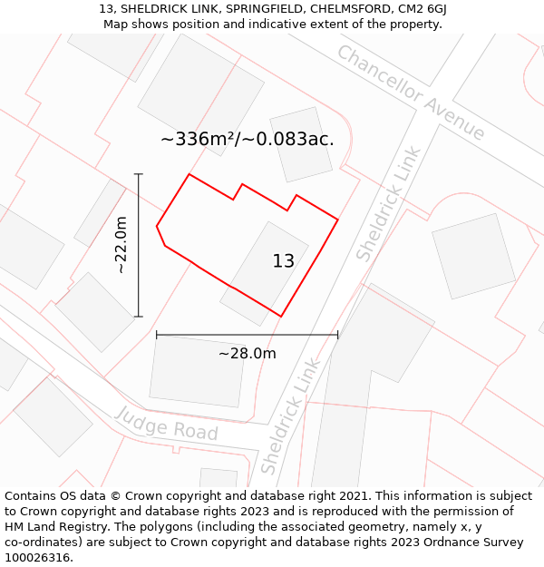 13, SHELDRICK LINK, SPRINGFIELD, CHELMSFORD, CM2 6GJ: Plot and title map