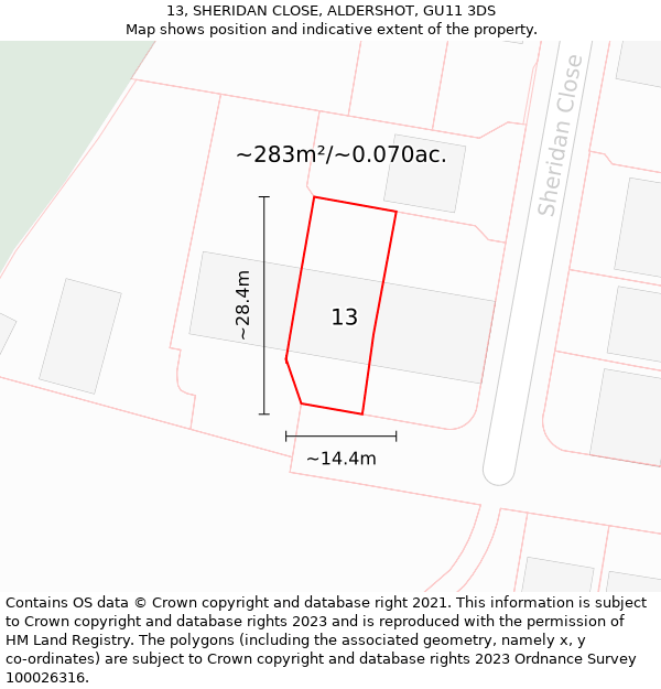 13, SHERIDAN CLOSE, ALDERSHOT, GU11 3DS: Plot and title map