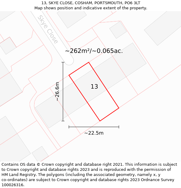 13, SKYE CLOSE, COSHAM, PORTSMOUTH, PO6 3LT: Plot and title map