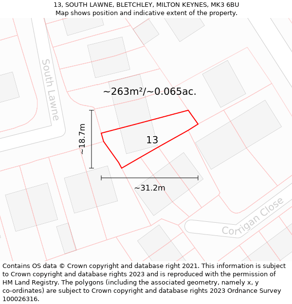 13, SOUTH LAWNE, BLETCHLEY, MILTON KEYNES, MK3 6BU: Plot and title map