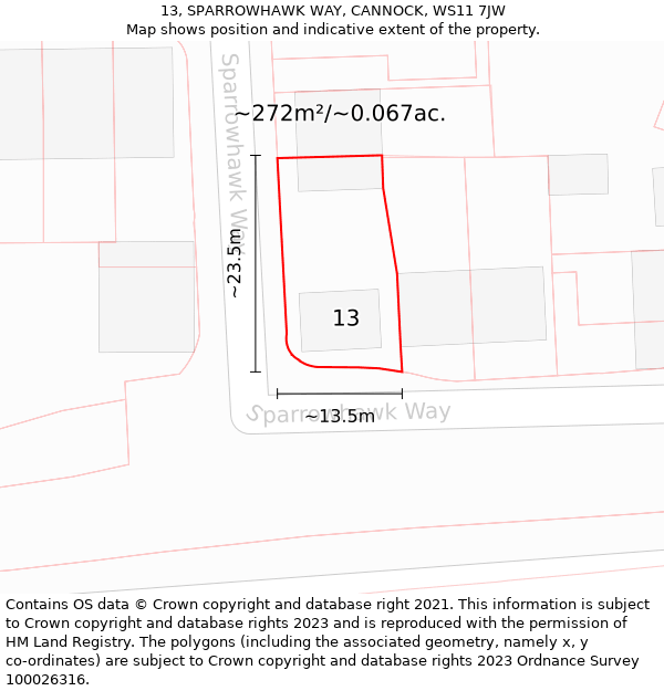 13, SPARROWHAWK WAY, CANNOCK, WS11 7JW: Plot and title map