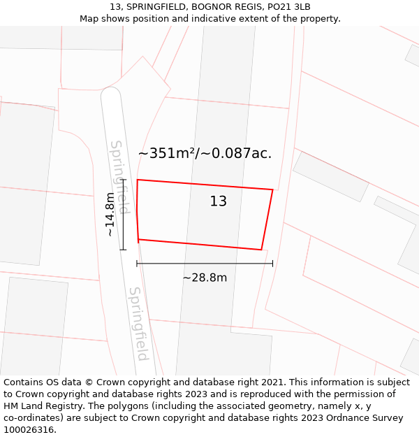 13, SPRINGFIELD, BOGNOR REGIS, PO21 3LB: Plot and title map