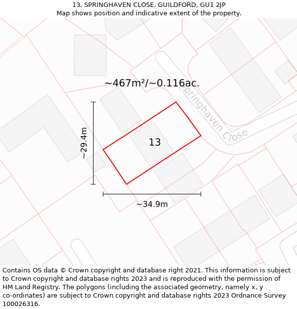 13, SPRINGHAVEN CLOSE, GUILDFORD, GU1 2JP: Plot and title map